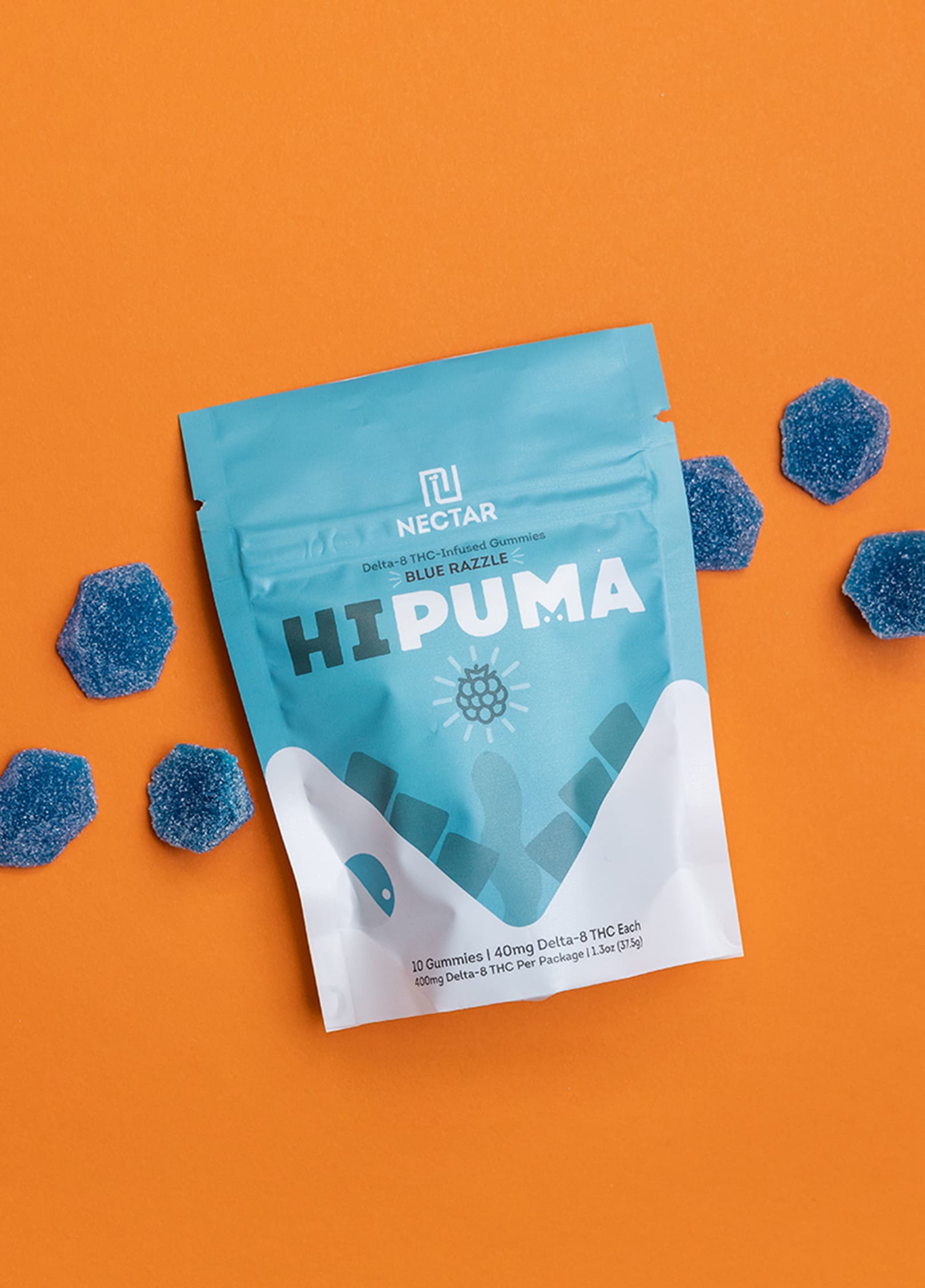 HiPuma Blue Razzle Flavor Delta-8 gummy package on orange background