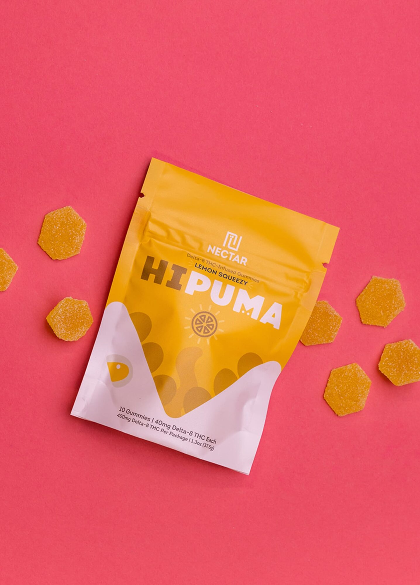 HiPuma Lemon Squeezy Flavor Delta-8 gummy package on pink background