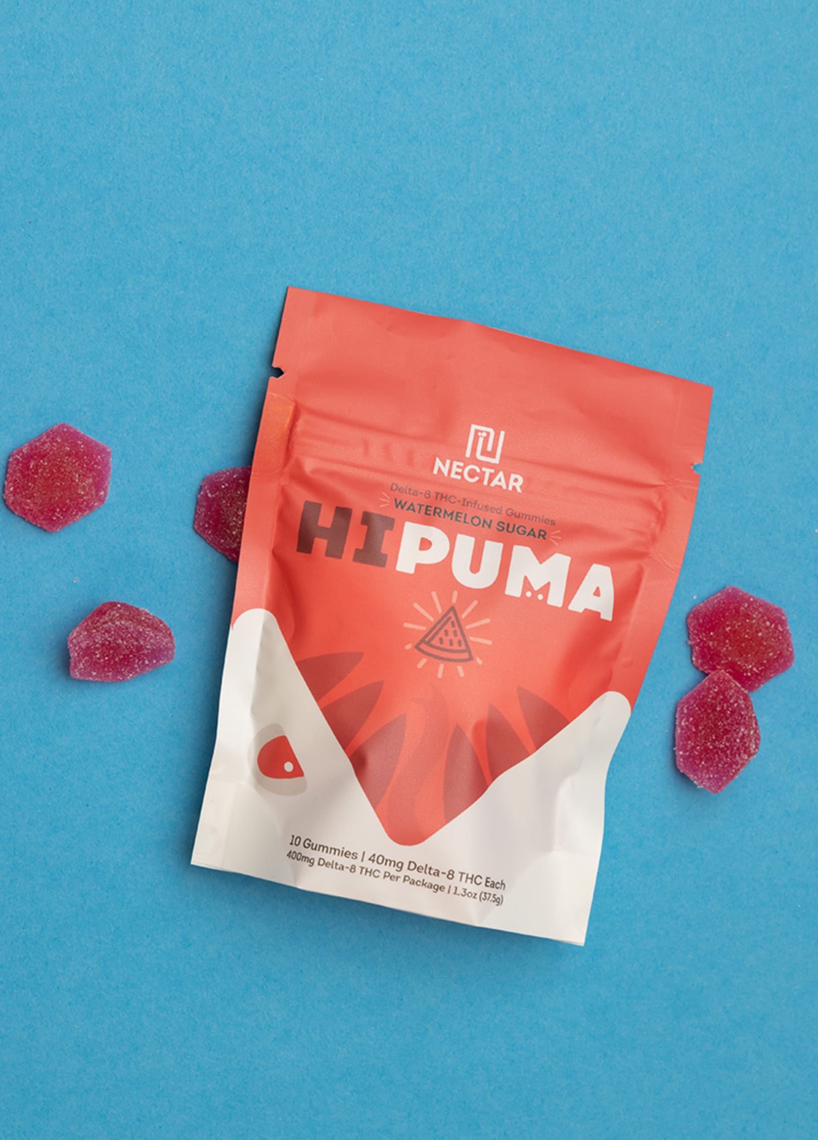 HiPuma Watermelon Sugar Flavor Delta-8 gummy package on blue background